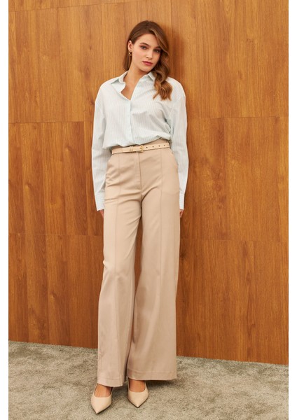 Ekru Yüksel Bel Çimalı Cepli Geniş Paça Pantolon fırsatları