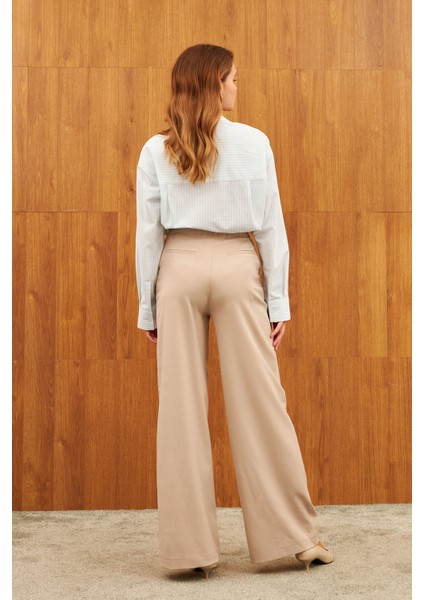 Ekru Yüksel Bel Çimalı Cepli Geniş Paça Pantolon indirimleri