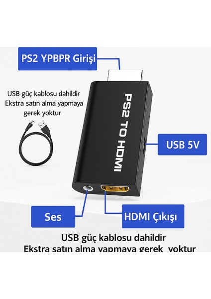 Ps2 To HDMI Dönüştürücü Adaptör – 3.5mm Ses Çıkışlı, Ps2 Görüntü Hdtv ve Monitör Uyumlu