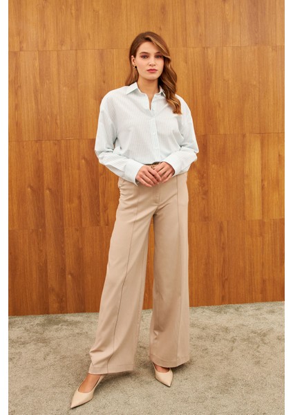 Beyaz Oversize Çizgili Pamuklu Gömlek