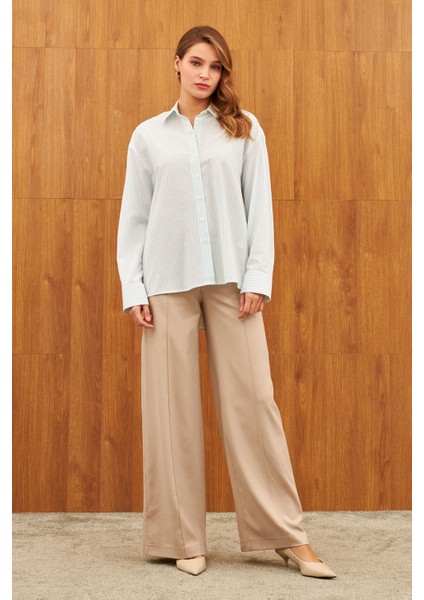 Beyaz Oversize Çizgili Pamuklu Gömlek modelleri