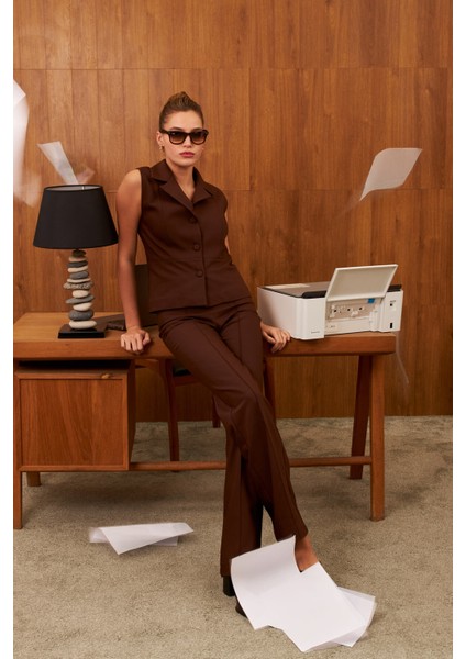 Kahverengi Düz Paça Çima Dikişli Yüksel Bel Pantolon