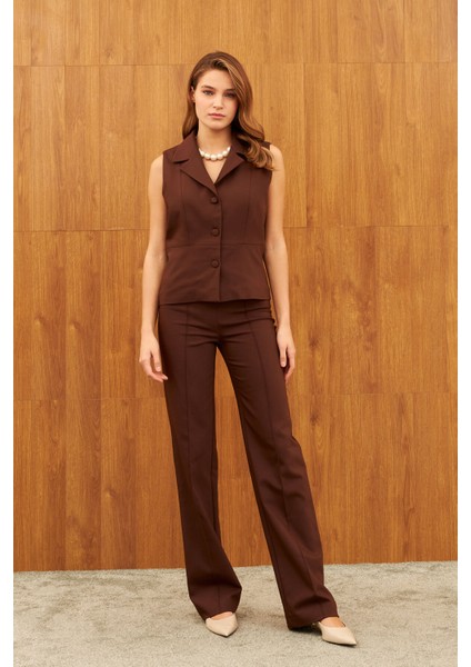 Kahverengi Düz Paça Çima Dikişli Yüksel Bel Pantolon fiyatları