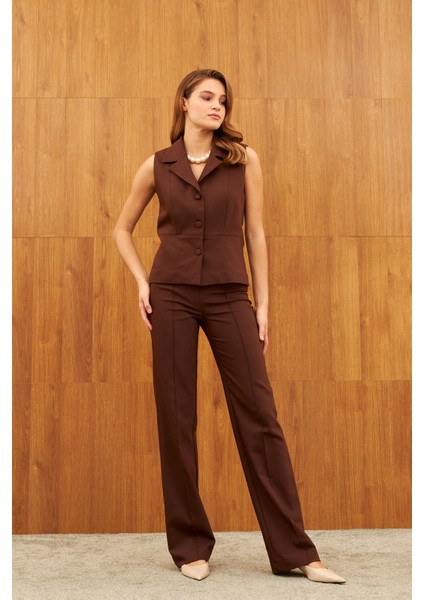Kahverengi Düz Paça Çima Dikişli Yüksel Bel Pantolon modelleri