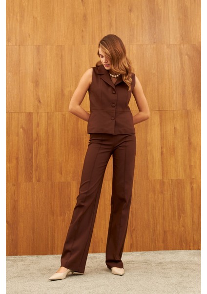 Kahverengi Düz Paça Çima Dikişli Yüksel Bel Pantolon indirimleri