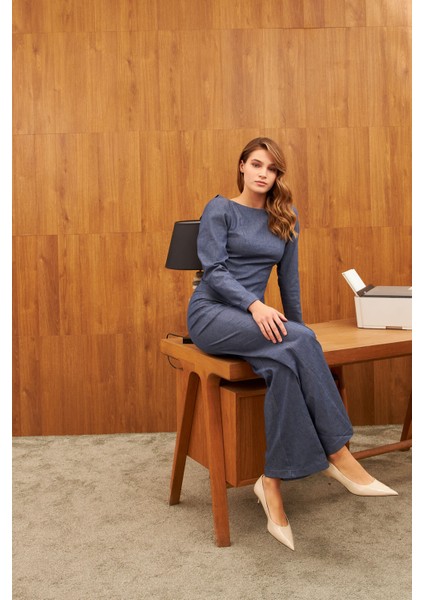 Mavi Geniş Paça Çima Dikişli Yüksel Bel Pantolon