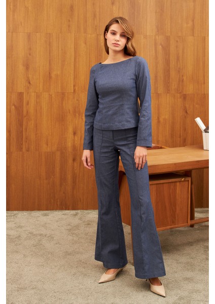 Mavi Geniş Paça Çima Dikişli Yüksel Bel Pantolon fiyatları