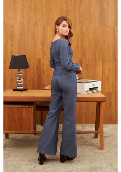 Mavi Geniş Paça Çima Dikişli Yüksel Bel Pantolon modelleri