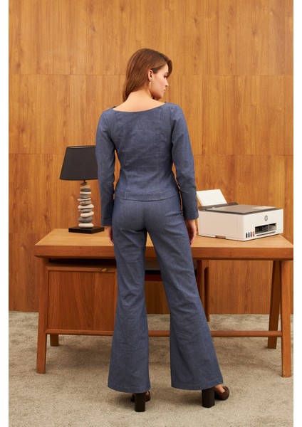 Mavi Geniş Paça Çima Dikişli Yüksel Bel Pantolon fırsatları