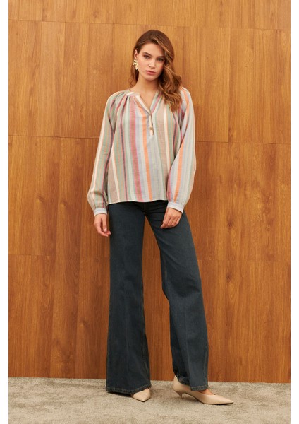 Çok Renkli C Yaka Büzgülü Pamuklu Gömlek fiyatları