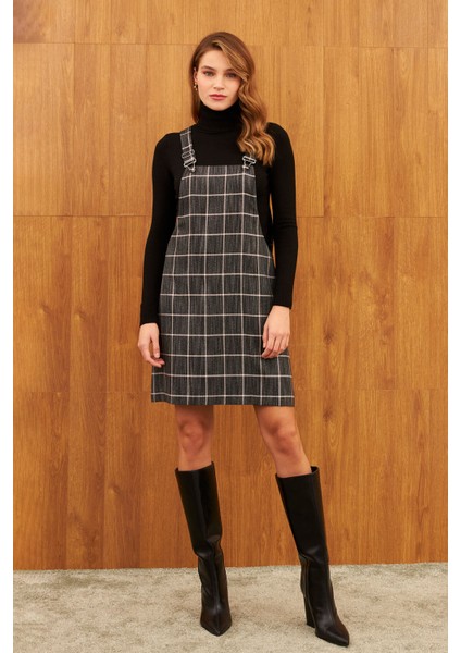 Siyah Kareli Astarsız Mini Salopet