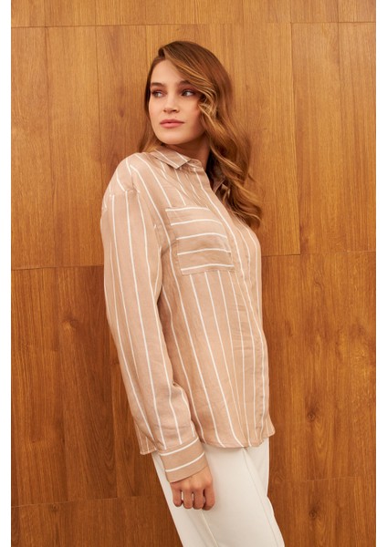 Pudra Çizgili Tek Cep Parlak Gömlek modelleri