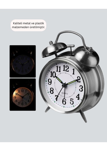 Gümüş Renkli Sessiz Işıklı Dekoratif Masa Üstü Çalar Saat Alarmlı - FEİ2088-4921 indirimleri