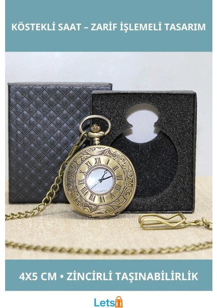 Özel Kutulu Antik Köstekli Saat Metal Zincirli 4x5 cm