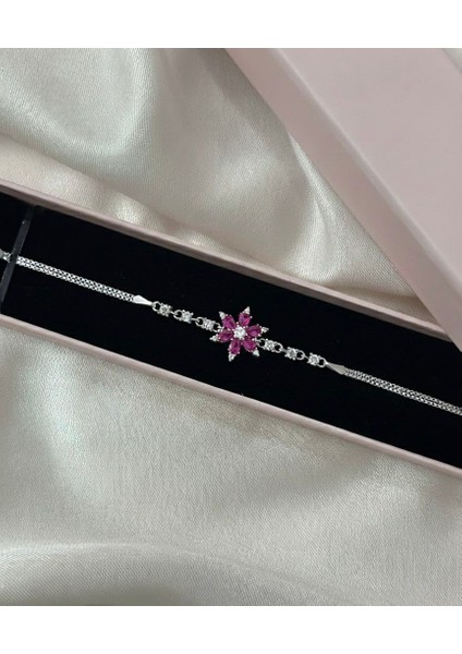 925 Ayar Gümüş Beyaz Lotus Çiçeği Taşlı Bileklik