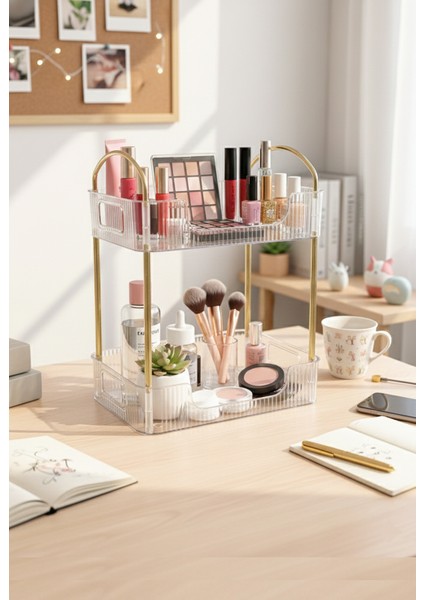 Iki Katlı Altın Detaylı Makyaj Organizeri | Kozmetik & Takı Düzenleyici