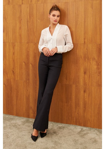 Siyah Yüksel Bel Boru Paça Cepli Pantolon fiyatları