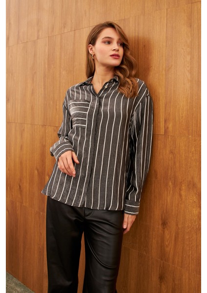 Siyah Çizgili Tek Cep Parlak Gömlek modelleri