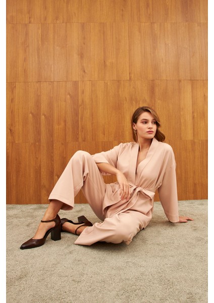 Bej Kemerli Şal Yaka Kimono modelleri