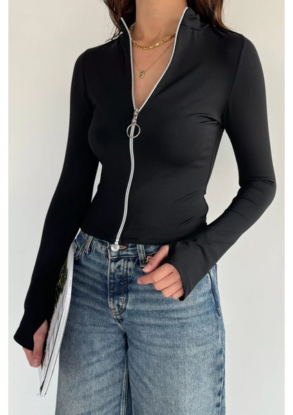 Kadın Ön Fermuarlı Likralı Parmak Geçmeli Crop Top Sweat P-00019222 modelleri