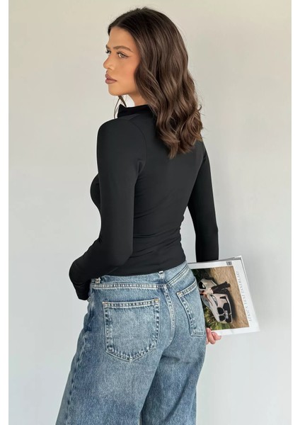 Kadın Ön Fermuarlı Likralı Parmak Geçmeli Crop Top Sweat P-00019222 fırsatları