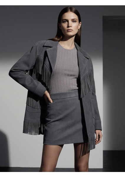 Modern Form Püskül Detaylı Süet Ceket - Antrasit