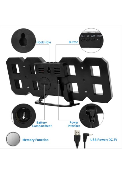 3D LED Dijital Saat Aydınlık Duvar Saati Çok Fonksiyonlu USB Fiş Saat Ev Dekorasyonu Beyaz (Yurt Dışından) fırsatları