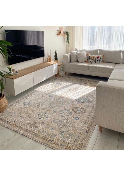 Zaraf Krem Bej Halı Modern Etnik Desenli Dokuma Bohem Oda Halısı Oturma Odası Salon İnce Yazlık Halı