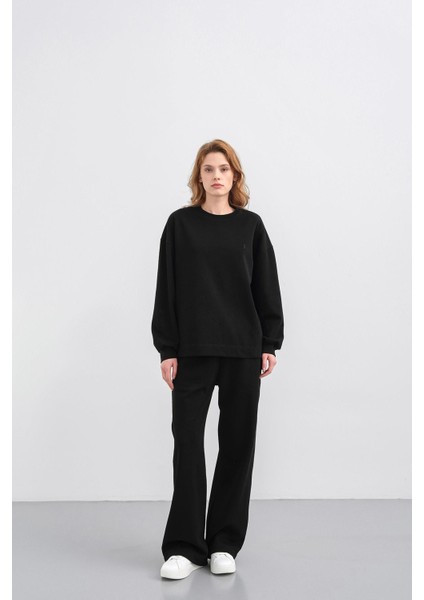 Siyah Kadın Oversize Pike Dokulu Bol Paça Alt-Üst Takım