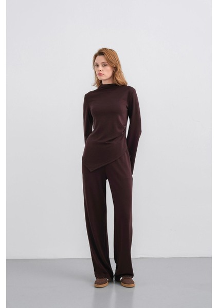 Kahve Kadın Yumuşak Dokulu Premium Modal Balıkçı Yaka Asimetrik Kesim Alt-Üst Takım modelleri