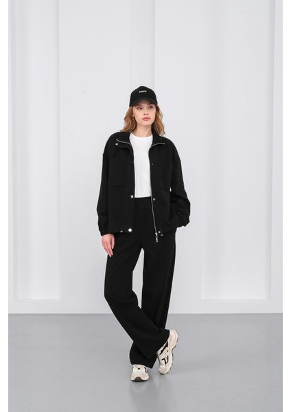 Siyah Kadın Pike Dokulu Bel Ayarlanabilir Oversize Ceket Pantolon Takım