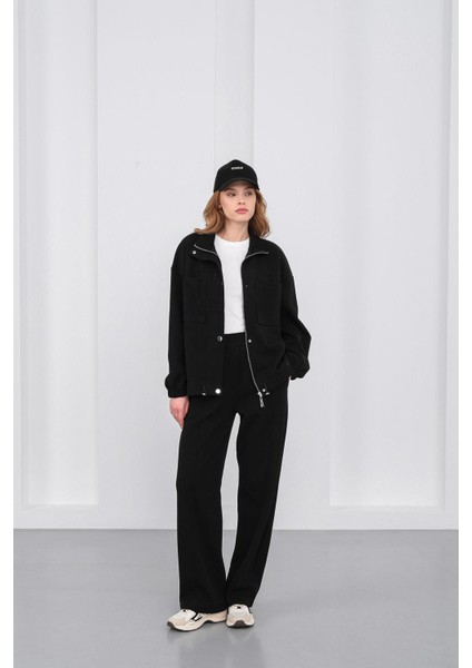 Siyah Kadın Pike Dokulu Bel Ayarlanabilir Oversize Ceket Pantolon Takım fırsatları