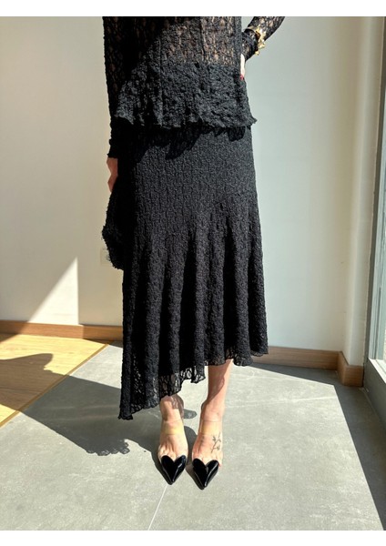 Kadın Beli Lastikli Tam Esnek Dantel Güpürlü Asimetrik Kesim Yüksek Bel Şık Midi Boy Tasarım Etek