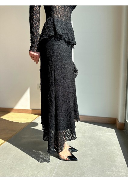 Kadın Beli Lastikli Tam Esnek Dantel Güpürlü Asimetrik Kesim Yüksek Bel Şık Midi Boy Tasarım Etek modelleri