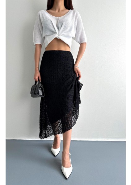 Kadın Beli Lastikli Tam Esnek Dantel Güpürlü Asimetrik Kesim Yüksek Bel Şık Midi Boy Tasarım Etek fırsatları