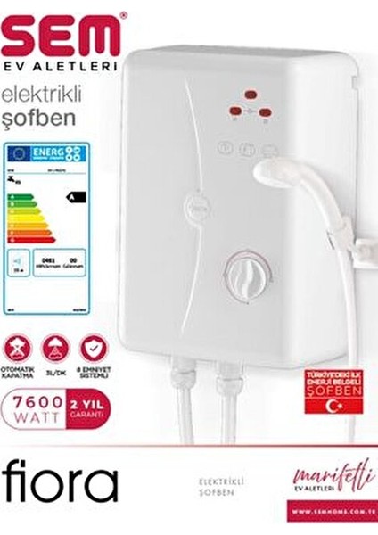 Fiora Elektrikli Şofben 3200/4400/7600 W Güç ve 3 Lt/dk Su Isıtma Kapasitesi ile Beyaz Renk fiyatları