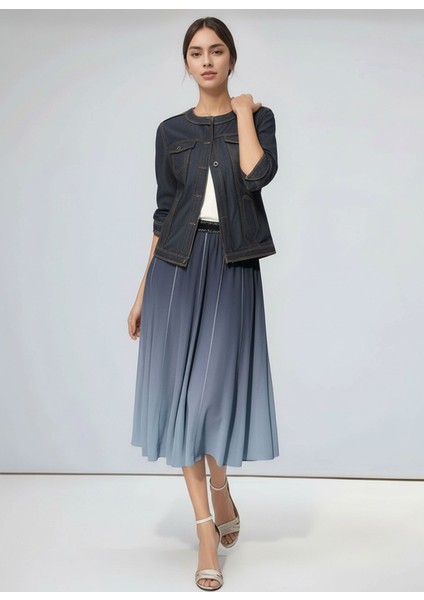 Kadın Beli Lastikli Simli Tül Midi Boy Curve Spor Şık Lacivert Etek