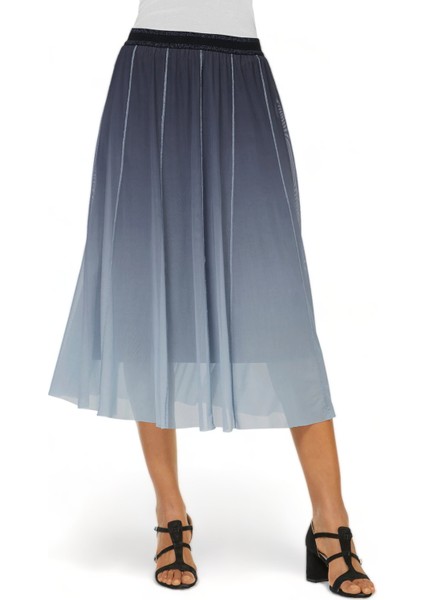 Kadın Beli Lastikli Simli Tül Midi Boy Curve Spor Şık Lacivert Etek modelleri