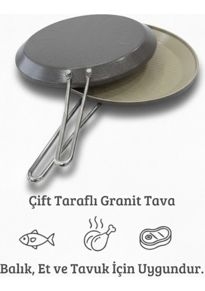 Granit Kaplama 33 cm Çift Taraflı Balık, Et ve Tavuk Pişirme Tavası
