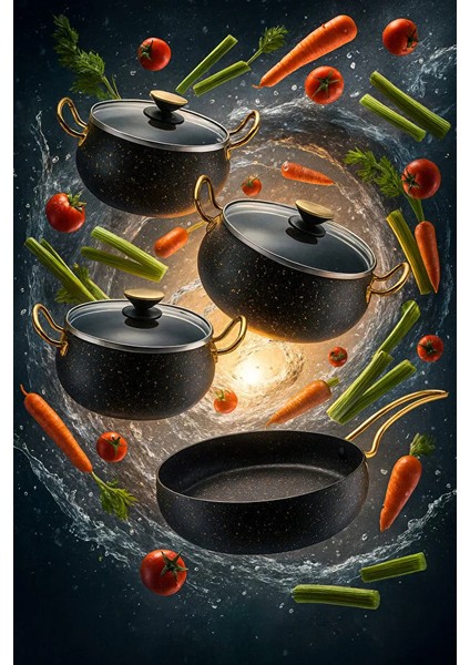 7 Parça Granada Granit Tencere ve Tava Seti – 20 cm 2.5l, 24 cm 4.5l, 26 cm Basık 3l, 26 cm Tava Siyah