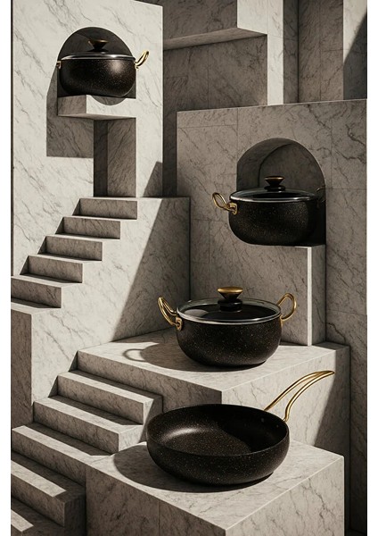 7 Parça Granada Granit Tencere ve Tava Seti – 20 cm 2.5l, 24 cm 4.5l, 26 cm Basık 3l, 26 cm Tava Siyah fiyatları