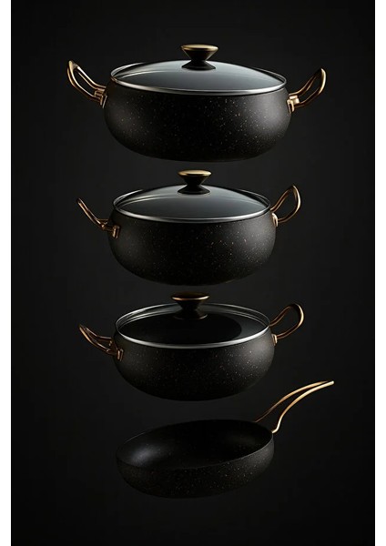 7 Parça Granada Granit Tencere ve Tava Seti – 20 cm 2.5l, 24 cm 4.5l, 26 cm Basık 3l, 26 cm Tava Siyah fırsatları