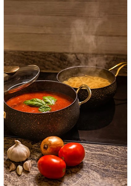 7 Parça Granada Granit Tencere ve Tava Seti – 20 cm 2.5l, 24 cm 4.5l, 26 cm Basık 3l, 26 cm Tava Siyah indirimleri