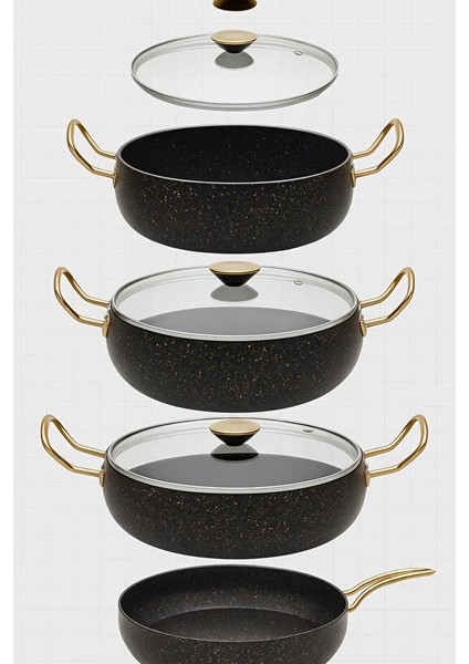 7 Parça Granada Granit Tencere ve Tava Seti – 20 cm 2.5l, 24 cm 4.5l, 26 cm Basık 3l, 26 cm Tava Siyah