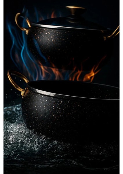 7 Parça Granada Granit Tencere ve Tava Seti – 20 cm 2.5l, 24 cm 4.5l, 26 cm Basık 3l, 26 cm Tava Siyah