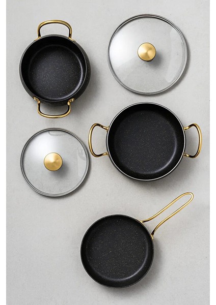 7 Parça Granada Granit Tencere ve Tava Seti – 20 cm 2.5l, 24 cm 4.5l, 26 cm Basık 3l, 26 cm Tava Siyah