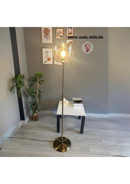 Dijon Bal Rengi Cam Lambader Düz Ince Gövde Modern Dekoratif Metal Oturma Odası Zemin Lambası