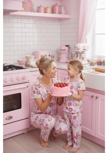 Kısa Kollu Alt Uzun Donut Baskılı Pijama Takımı