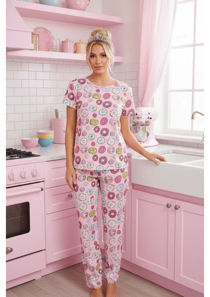 Kısa Kollu Alt Uzun Donut Baskılı Pijama Takımı fırsatları