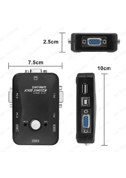 2 Giriş 1 Çıkış 2 Port USB 2.0 Manuel Vga+Usb Kvm Switch